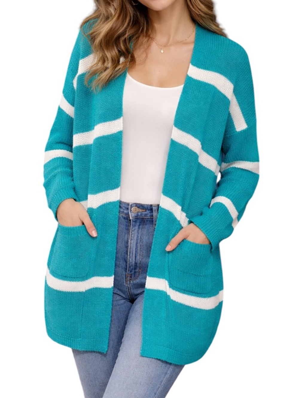 Fantastic Fawn Striped Light Weight Open Cardigan with Patch Pockets